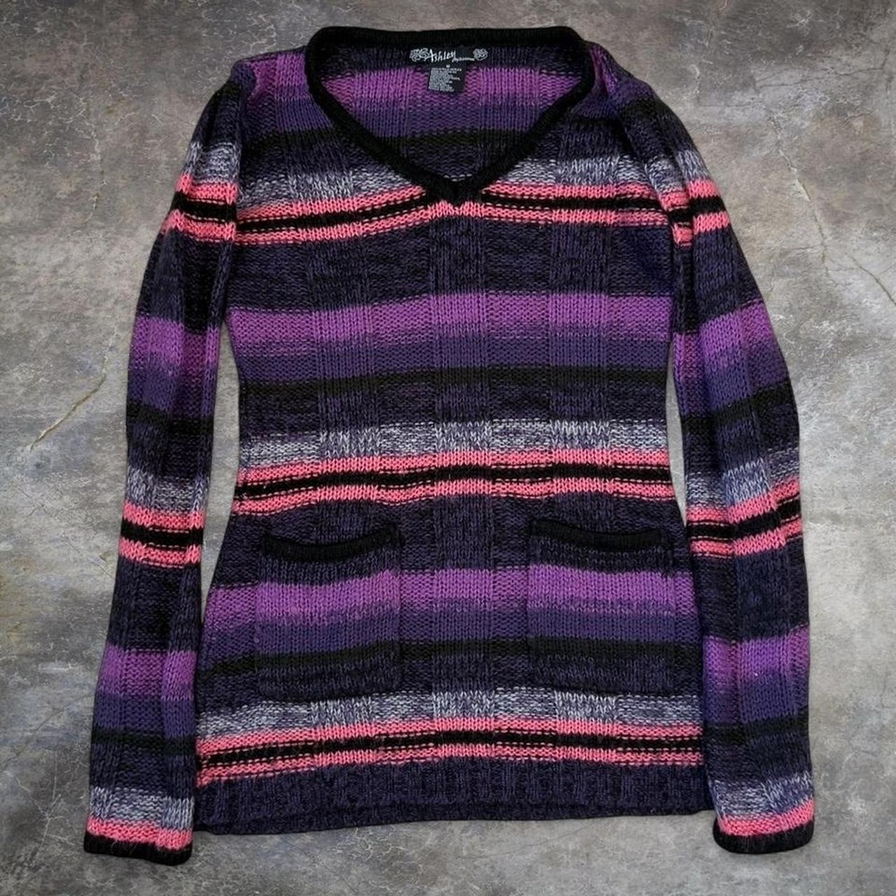 Vintage Ashley By 26 international Knit Striped Sweatshirt Women's Medium Y2K